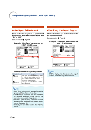 Page 46-46
Auto Sync Adjustment
Select whether the image is to be synchronized
automatically when switching the signal with
“ON” or “OFF”.
Menu operation  Page 40
Example: “Fine Sync” menu screen for
INPUT 5 (RGB) mode
Description of Auto Sync Adjustment
Note
•Auto Sync adjustment is also performed by
pressing 
 on the remote control.
•The Auto Sync adjustment may take some time
to complete, depending on the image of the
computer connected to the projector.
•When the optimum image cannot be achieved
with Auto...