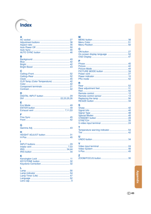 Page 65-65
Appendix
Index
A
AC socket ............................................................. 27
Adjustment buttons .............................................. 38
Aspect ratio .......................................................... 35
Auto Power Off ..................................................... 50
Auto Sync ............................................................. 46
AUTO SYNC button ............................................. 46
B
Background...