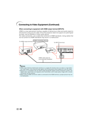 Page 2726
When connecting to equipment with HDMI output teminal (INPUT6)
HDMI is a new specialized interface capable of delivering a video and audio signal to
the terminal using just one cable. Since this projector does not support an audio signal
by itself, use an amplifier or other audio device.
For video connection, use a cable that conforms to HDMI standards. Using cables that
do not conform to HDMI standards may result in a malfunction.
HDMI compatible device
To HDMI output terminal
To INPUT6 terminal
HDMI...