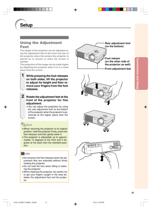 Page 2521
Connections and Setup
Setup
Using the Adjustment
Feet
The height of the projector can be adjusted us-
ing the adjustment feet at the front and rear of
the projector when the surface the projector is
placed on is uneven or when the screen is
slanted.
The projection of the image can be made higher
by adjusting the projector when it is in a lower
place than the screen.
1While pressing the foot releases
on both sides, lift the projector
to adjust its height and then re-
move your fingers from the foot...