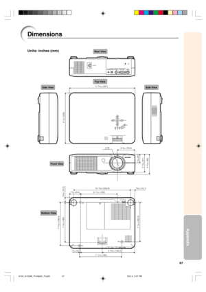 Page 7167
Appendix
Side ViewSide View
Top View
Rear View
Front View
Bottom View
ø 66
10 
13/64 (258.8)3 
9/64 (79.5) 11 
45/64 (297)
1 35/64 (39.2)
3 13/64 (81)
3 
33/64 (89) 7 
7/64 (180.5)9 
1/32 (229)
 49/64 (19.1)
7 
11/16 (195)5 
55/64 (148.5)  13/64 (5)6 
21/32 (169)
7 3/32 (180)
25/32 (19.5) 7 
53/64 (198.5)
M4
M4M4
1 59/64 (48.5)
Dimensions
Units: inches (mm)
A10X_A10S#E_Print#p63_70.p6503.2.4, 2:07 PM 67 