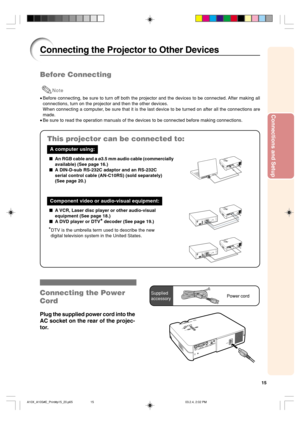 Page 1915
Connections and Setup
Connecting the Projector to Other Devices
Before Connecting
Note
•Before connecting, be sure to turn off both the projector and the devices to be connected. After making all
connections, turn on the projector and then the other devices.
When connecting a computer, be sure that it is the last device to be turned on after all the connections are
made.
•Be sure to read the operation manuals of the devices to be connected before making connections.
This projector can be connected...