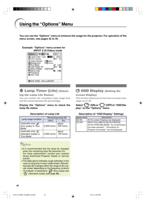 Page 4844
You can use the “Options” menu to enhance the usage for the projector. For operation of the
menu screen, see pages 32 to 35.
Example:“Options” menu screen for
INPUT 2 (S-Video) mode
 Lamp Timer (Life) (Check-
ing the Lamp Life Status)
You can confirm the cumulative lamp usage time
and the remaining lamp life (percentage).
Display the “Options” menu to check the
lamp life status.
Description of Lamp Life
Note
•It is recommended that the lamp be changed
when the remaining lamp life becomes 5%.
For lamp...