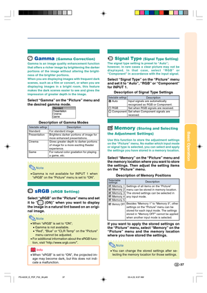 Page 41Basic Operation
-37
Selectable settings
Standard
Presentation
Cinema
Game
Description
For standard image
Brightens darker portions of image for
more enhanced presentations.
Gives greater depth to darker portions
of image for a more exciting theater
experience.
For natural color gradation for playing
a game, etc.
 Gamma (Gamma Correction)
Gamma is an image quality enhancement function
that offers a richer image by brightening the darker
portions of the image without altering the bright-
ness of the...