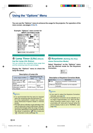 Page 48-44
You can use the “Options” menu to enhance the usage for the projector. For operation of the
menu screen, see pages 32 to 35.
Example:“Options” menu screen for
INPUT 2 (S-Video) mode
 Lamp Timer (Life) (Check-
ing the Lamp Life Status)
You can confirm the cumulative lamp usage time
and the remaining lamp life (percentage).
Display the “Options” menu to check the
lamp life status.
Description of Lamp Life
Note
•It is recommended that the lamp be changed
when the remaining lamp life becomes 5%.
For lamp...