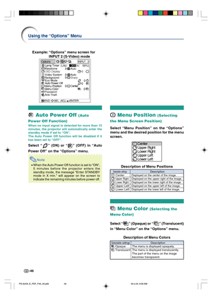 Page 50-46
 Auto Power Off (Auto
Power Off Function)
When no input signal is detected for more than 15
minutes, the projector will automatically enter the
standby mode if set to “ON”.
The Auto Power Off function will be disabled if it
has been set to “OFF”.
Select “” (ON) or “” (OFF) in “Auto
Power Off” on the “Options” menu.
Note
•When the Auto Power Off function is set to “ON”,
5 minutes before the projector enters the
standby mode, the message “Enter STANDBY
mode in X min.” will appear on the screen to...