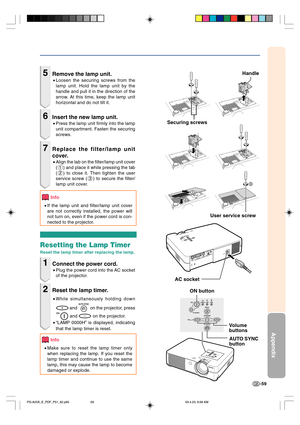 Page 63-59
Appendix
5Remove the lamp unit.
•Loosen the securing screws from the
lamp unit. Hold the lamp unit by the
handle and pull it in the direction of the
arrow. At this time, keep the lamp unit
horizontal and do not tilt it.
6Insert the new lamp unit.
•Press the lamp unit firmly into the lamp
unit compartment. Fasten the securing
screws.
7Replace the filter/lamp unit
cover.
•Align the tab on the filter/lamp unit cover
(1) and place it while pressing the tab
(2) to close it. Then tighten the user
service...