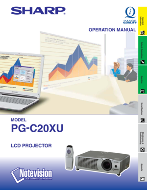 Page 1LCD PROJECTOR
OPERATION MANUAL
Important
Information
Setup & Connections
Operation
Useful FeaturesMaintenance &
TroubleshootingAppendix
MODEL
PG-
C20XU 