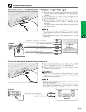 Page 15E-14
Setup & Connections
COMPUTER COMPUTER AUDIO AUDIOOUTPUT(INPUT 1)INPUT 1RS-232C
Connecting the Projector
Connecting a video source (DTV decoder or DVD player) using the 15-pin input
1Connect one end of the HD-15/RCA cable or the HD-
15-RGB cable to the COMPUTER INPUT 1 port on the
projector.
2Connect the other end to the corresponding terminals
on the video source.
3To use the built-in audio system, connect one end of
the audio cable to AUDIO INPUT 1 terminal on the
projector.
Connect the other end...