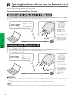 Page 22E-21
Operation
Operating the Wireless Mouse from the Remote Control
You can use the remote control as a remote mouse.
Connecting the Remote Mouse Receiver
1Connect one end of the supplied USB mouse control cable to the corresponding terminal on the computer.
2Connect the other end to the USB port on the remote mouse receiver.
Connecting to the USB port on a PC or Macintosh
USB port
USB mouse control
cable
QCNW-5680CEZZ
Remote mouse
receiver
RUNTK0694CEZZ
Use the USB port (PC
or Macintosh) to
connect the...