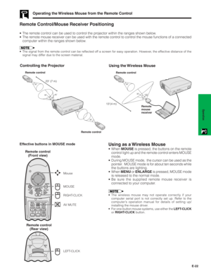 Page 23E-22
Operation
Using the Wireless Mouse
Remote Control/Mouse Receiver Positioning
• The remote control can be used to control the projector within the ranges shown below.
• The remote mouse receiver can be used with the remote control to control the mouse functions of a connected
computer within the ranges shown below.
• The signal from the remote control can be reflected off a screen for easy operation. However, the effective distance of the
signal may differ due to the screen material.
Operating the...