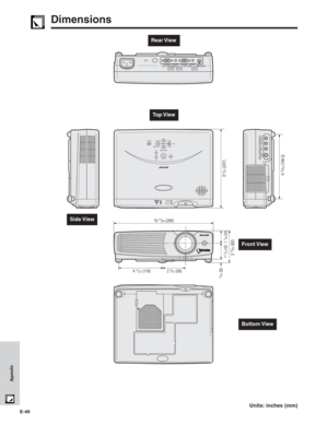 Page 50E-49
Appendix
ON/OFF
POWERLAMP
TEMP.
KEYSTONE
INPUT
BACK ENTER MENUAUTO SYNC FOCUS
ZOOM
100-240VCOMPUTER COMPUTER AUDIO AUDIOOUTPUT(INPUT 1)INPUT 1RS-232C
LRAUDIO INPUT INPUT 3 INPUT 2
S-VIDEO VIDEO
(S-VIDEO, VIDEO INPUT)
643/64 (169.5) 3
15/64 (82)8
5/32 (207)
121/32 (42)
117/64 (32)
1015/64 (260)
2
9/32 (58) 421/32 (118)
5/16 (8)
Units: inches (mm)
Top View Rear View
Dimensions
Side View
Front View
Bottom View 