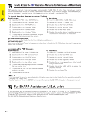 Page 8E-7
Important
Information
How to Access the PDFOperation Manuals (for Windows and Macintosh)
PDF operation manuals in several languages are included in the CD-ROM. To utilize these manuals, you need to
install Adobe Acrobat Reader on your PC (Windows or Macintosh). If you have not installed Acrobat Reader yet,
you can download it from the Internet (http://www.adobe.com) or install it from the CD-ROM.
To Install Acrobat Reader from the CD-ROM
For Windows:
1Insert the CD-ROM in the CD-ROM drive.
2Double...