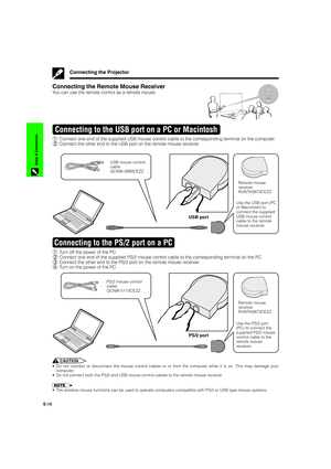 Page 16E-15
Setup & Connections
Connecting the Projector
Connecting the Remote Mouse Receiver
You can use the remote control as a remote mouse.
1Connect one end of the supplied USB mouse control cable to the corresponding terminal on the computer.
2Connect the other end to the USB port on the remote mouse receiver.
Connecting to the USB port on a PC or Macintosh
USB port
USB mouse control
cable
QCNW-5680CEZZ
Remote mouse
receiver
RUNTK0673CEZZ
Use the USB port (PC
or Macintosh) to
connect the supplied
USB mouse...