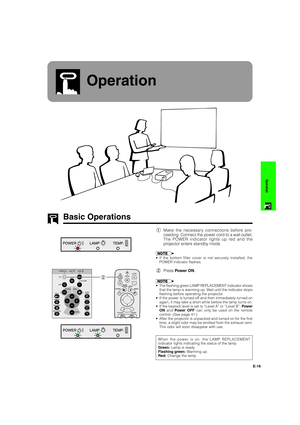 Page 17E-16
Operation
Operation
Basic Operations
1Make the necessary connections before pro-
ceeding. Connect the power cord to a wall outlet.
The POWER indicator lights up red and the
projector enters standby mode.
•If the bottom filter cover is not securely installed, the
POWER indicator flashes.
2Press Power ON.
•The flashing green LAMP REPLACEMENT indicator shows
that the lamp is warming up. Wait until the indicator stops
flashing before operating the projector.
•If the power is turned off and then...