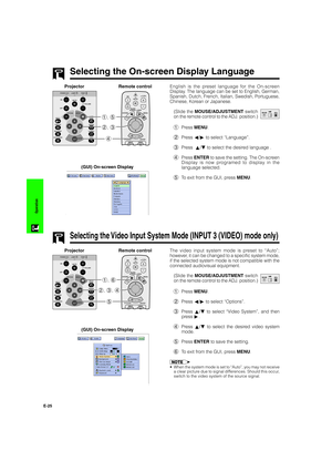 Page 26E-25
Operation
Selecting the On-screen Display Language
4 2, 3 1, 5
Projector
(GUI) On-screen Display
English is the preset language for the On-screen
Display. The language can be set to English, German,
Spanish, Dutch, French, Italian, Swedish, Portuguese,
Chinese, Korean or Japanese.
(Slide the MOUSE/ADJUSTMENT switch
on the remote control to the ADJ. position.)
1Press MENU.
2Press ß/© to select “Language”.
3Press  ∂/ƒ to select the desired language .
4Press ENTER to save the setting. The On-screen...