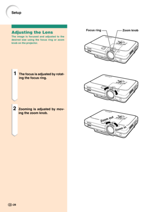 Page 32Zoom in
Zoom out
Zoom knob Focus ringAdjusting the Lens
The image is focused and adjusted to the
desired size using the focus ring or zoom
knob on the projector.
1The focus is adjusted by rotat-
ing the focus ring.
2Zooming is adjusted by mov-
ing the zoom knob.
-28
Setup 