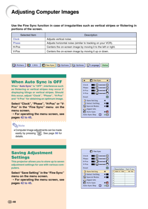 Page 52Adjusting Computer Images
Use the Fine Sync function in case of irregularities such as vertical stripes or flickering in
portions of the screen.
When Auto Sync is OFF
When “Auto Sync” is “OFF”, interference such
as flickering or vertical stripes may occur if
displaying tilings or vertical stripes. Should
this occur, adjust “Clock”, “Phase”, “H-Pos”
and “V-Pos” for obtaining an optimum image.
Select “Clock”, “Phase”, “H-Pos” or “V-
Pos” in the “Fine Sync” menu  on the
menu screen.
➝ For operating the menu...