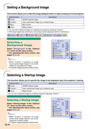 Page 7268
Setting a Background Image
This function allows you to select the image displayed when no signal is being sent to the projector.
*1 You can set a captured image as a background image by selecting “Custom”.
*2 If the input signal has interference, the screen will be displayed with the interference.
Selecting a
Background Image
Select “Background” in the “Options
(1)” menu on the menu screen.
➝ For operating the menu screen, see
pages 42 to 45.
Note
•When “Custom” is selected, an image
saved using...