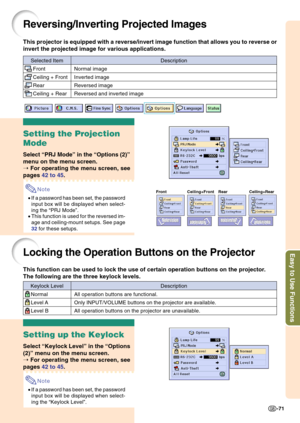 Page 75Easy to Use Functions
-71
Reversing/Inverting Projected Images
This projector is equipped with a reverse/invert image function that allows you to reverse or
invert the projected image for various applications.
Setting the Projection
Mode
Select “PRJ Mode” in the “Options (2)”
menu on the menu screen.
➝ For operating the menu screen, see
pages 42 to 45.
Note
•If a password has been set, the password
input box will be displayed when select-
ing the “PRJ Mode”.
•This function is used for the reversed im-...