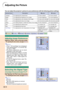 Page 50Adjusting the Picture
You can adjust the projector’s picture to your preferences with the following picture settings.
Selected Item Description
\ button| button
Contrast
Bright
Color
Tint
Sharp
Red
Blue
CLR TempFor adjusting the contrast level
For adjusting the brightness of an image
For adjusting the color intensity of the image
For adjusting the tones of an image
For making sharper or softer the contour of an image
For adjusting the redness level
For adjusting the blue level
For adjusting the color...