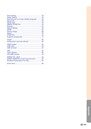 Page 105Appendix
-101 Save Setting ......................................................... 48
Select Setting ....................................................... 49
Selecting the on-screen display language .......... 36
Signal Info ............................................................ 49
Signal Type .......................................................... 46
SMART STRETCH .............................................. 53
Speaker ................................................................ 63...