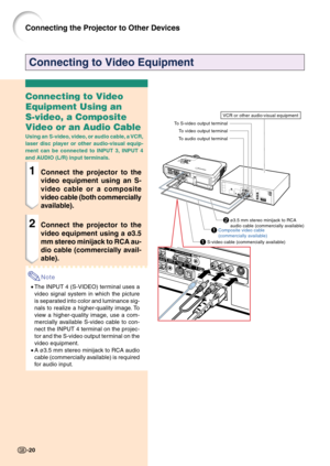 Page 24Connecting to Video Equipment
Connecting the Projector to Other Devices
-20
1S-video cable (commercially available)
Connecting to Video
Equipment Using an
S-video, a Composite
Video or an Audio Cable
Using an S-video, video, or audio cable, a VCR,
laser disc player or other audio-visual equip-
ment can be connected to INPUT 3, INPUT 4
and AUDIO (L/R) input terminals.
1Connect the projector to the
video equipment using an S-
video cable or a composite
video cable (both commercially
available).
2Connect...