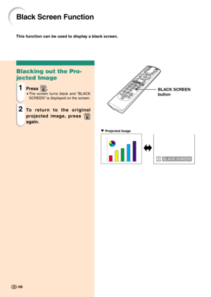 Page 6258
Black Screen Function
-58
BLACK SCREEN
button
" Projected Image
This function can be used to display a black screen.
Blacking out the Pro-
jected Image
1Press .
•The screen turns black and “BLACK
SCREEN” is displayed on the screen.
2To return to the original
projected image, press 
again. 