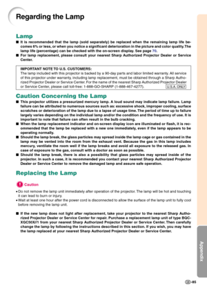 Page 89Appendix
-85
Lamp
It is recommended that the lamp (sold separately) be replaced when the remaining lamp life be-
comes 6% or less, or when you notice a significant deterioration in the picture and color quality. The
lamp life (percentage) can be checked with the on-screen display. See page 70.
For lamp replacement, please consult your nearest Sharp Authorized Projector Dealer or Service
Center.
IMPORTANT NOTE TO U.S. CUSTOMERS:
The lamp included with this projector is backed by a 90-day parts and labor...