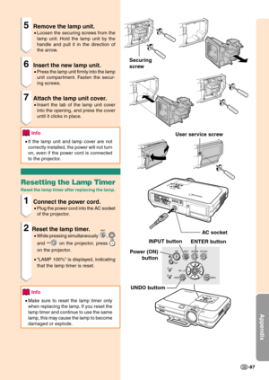 Page 91Appendix
-87
Securing
screw
AC socket
INPUT button
ENTER button User service screw
UNDO buttom Power (ON)
button
5Remove the lamp unit.
•Loosen the securing screws from the
lamp unit. Hold the lamp unit by the
handle and pull it in the direction of
the arrow.
6Insert the new lamp unit.
•Press the lamp unit firmly into the lamp
unit compartment. Fasten the secur-
ing screws.
7Attach the lamp unit cover.
•Insert the tab of the lamp unit cover
into the opening, and press the cover
until it clicks in place....