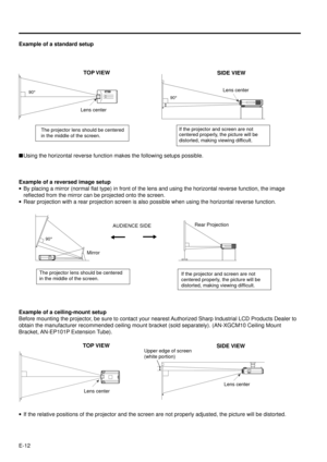 Page 12E-12 Example of a ceiling-mount setup
Before mounting the projector, be sure to contact your nearest Authorized Sharp Industrial LCD Products Dealer to
obtain the manufacturer recommended ceiling mount bracket (sold separately). (AN-XGCM10 Ceiling Mount
Bracket, AN-EP101P  Extension Tube).
·If the relative positions of the projector and the screen are not properly adjusted, the picture will be distorted.
SIDE VIEW TOP VIEW
The projector lens should be centered
in the middle of the screen.If the projector...