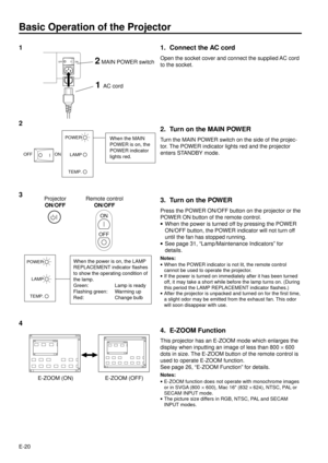 Page 20E-20
Basic Operation of the Projector
1
2
Projector
ON/OFFRemote control
ON/OFF
POWER
LAMP
TEMP.
When the power is on, the LAMP
REPLACEMENT indicator flashes
to show the operating condition of
the lamp.
Green: Lamp is ready
Flashing green: Warming up
Red: Change bulb
ON
OFF
3
E-ZOOM (ON)
4
E-ZOOM (OFF)
When the MAIN
POWER is on, the
POWER indicator
lights red.POWER
LAMP
TEMP.
ON OFF
ON OFF
1AC cord
1. Connect the AC cord
Open the socket cover and connect the supplied AC cord
to the socket.
2. Turn on the...