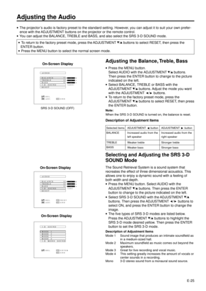 Page 25E-25
Adjusting the Audio
·The projector Õs audio is factory preset to the standard setting. However, you can adjust it to suit your own prefer-
ence with the ADJUSTMENT buttons on the projector or the remote control.
·You can adjust the BALANCE, TREBLE and BASS, and also select the SRS 3-D SOUND mode.
·To return to the factory preset mode, press the ADJUSTMENT 
/ buttons to select RESET, then press the
ENTER button.
·Press the MENU button to select the normal screen mode.
Adjusting the Balance, Treble,...