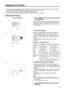 Page 23E-23
Adjusting the Picture
·This projectorÕs picture is factory preset to standard settings. However, you can adjust it to suit your own prefer-
ences with the ADJUSTMENT buttons on the projector and the remote control.
·The adjustments can be memorized in RGB or VIDEO separately.
·Four picture modes can be adjusted: ÒPICTURE,Ó ÒBRIGHT,Ó ÒRED,Ó  and ÒBLUE.Ó
Adjusting the Picture
1. Use the MENU button to select the mode
to be adjusted.
·When the MENU button is pressed, the MENU mode is
indicated for...