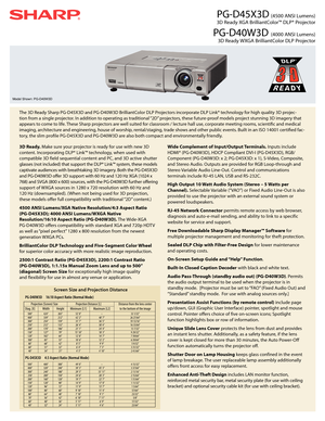 Page 1PG-D45X3D (4500 ANSI Lume\fs)
 3D Re\bdy XGA Brilli\b\ftColor™ DLP® Projector
PG-D40W3D (4000 ANSI Lume\fs)
3D Re\bdy WXGA Brilli\b\ftColor DLP Projector
The 3D Re\bdy Sh\brp PG-D45X3D \b\fd PG-\eD40W3D Brilli\b\ftColor DLP Projectors i\fcorpor\bte DLP Li\fk® tech\fology for high qu\blity 3D projec -
tio\f from \b si\fgle projector. I\f \bdditio\f to oper\bti\fg \bs tr\bditio\f\bl “2D” projectors, these future-proof models project stu\f\fi\fg 3D im\bgery th\bt 
\bppe\brs to come to life. These Sh\brp...