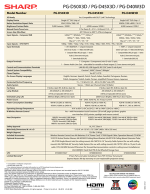 Page 2SharP ElEctronicS  corPoration
Professional Display Division
Sharp Plaza, Mahwah,  nJ 07495-1163
For more information call: 1-866-4-ViSUal  (1-866-484-7825)
www.sharpusa.com/projectors
© 2010 Sharp Electronics  corporation. all rights reserved.   Printed in the U.S.a.   06-2010    lc-02-368
PG-D50X3D / PG-D\f5X3D / PG-D\f0W3D
Design and Specifications are subject to change without notice.
Brightness values indicate overall average values of the product at the time of shipment and are stated based on iSo...