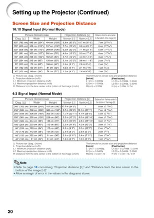 Page 2420
Setting up the Projector (Continued)
300 (762 cm)
250 (635 cm)
200 (508 cm)
150 (381 cm)
120 (305 cm)
100 (254 cm)
80 (203 cm)
60 (152 cm)
40 (102 cm)646 cm (254)
538 cm (212)
431 cm (170)
323 cm (127)
258 cm (102)
215 cm (85)
172 cm (68)
129 cm (51)
86 cm (34)404 cm (159)
337 cm (132)
269 cm (106)
202 cm (79)
162 cm (64)
135 cm (53)
108 cm (42)
81 cm (32)
54 cm (21)9.3 m
7.7 m
6.2 m
4.6 m
3.7 m
3.1 m
2.5 m
1.9 m
1.2 m(30 5)
(25 4)
(20 3)
(15 2)
(12 2)
(10 2)
(8 1)
(6 1)
(4 1)(35 0)
(29 2)
(23 4)
(17...