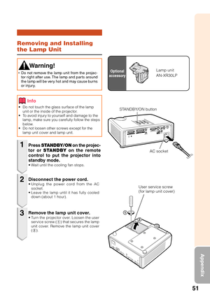 Page 5351
Appendix
Removing and Installing
the Lamp Unit
•Do not touch the glass surface of the lamp
unit or the inside of the projector.
•T o avoid injury to yourself and damage to the
lamp, make sure you carefully follow the steps
below.
• Do not loosen other screws except for the
lamp unit cover and lamp unit.
Press  STANDBY/ON  on the projec-
tor or  STANDBY  on the remote
control to put the projector into
standby mode.
•W ait until the cooling fan stops.
 W arning!
•Do not remove the lamp unit from the...