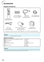 Page 1210
Accessories
Remote control
 T
wo R-6 batteries
 (“AA” size, UM/SUM-3, HP-7 or similar) RGB cable
(10 ' (3.0 m))

Optional accessories
■ 3 RCA to mini D-sub 15 pin cable (10 n (3.0 m))
■ Remote receiver
■ Lamp unit
■ Ceiling-mount bracket
■ Extension tubeAN-C3CP2
AN-MR2
AN-XR30LP
AN-XRCM30 (for U.S.A.)
AN-60KT
AN-TK201
AN-TK202
Supplied accessories
Power cord
(6 ' (1.8 m))

• Operation manual (this manual  and CD-ROM )
Note
•Some of the optional accessories may not be available depending on the...