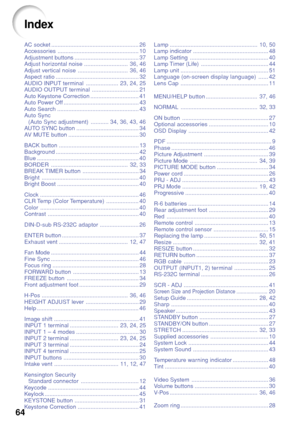 Page 6864
AC socket ....................................................... 26
Accessories................................................... 10
Adjustment buttons ........................................ 37
Adjust horizontal noise ........................... 36, 46
Adjust vertical noise ............................... 36, 46
Aspect ratio .................................................... 32
AUDIO INPUT terminal .................... 23, 24, 25
AUDIO OUTPUT terminal ............................. 21
Auto...