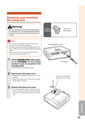 Page 5551
Appendix
Removing and Installing
the Lamp Unit
•Do not touch the glass surface of the lamp
unit or the inside of the projector.
•T o avoid injury to yourself and damage to the
lamp, make sure you carefully follow the steps
below.
• Do not loosen other screws except for the
lamp unit cover and lamp unit.
Press  STANDBY/ON  on the projec-
tor or  STANDBY  on the remote
control to put the projector into
standby mode.
•W ait until the cooling fan stops.
 W arning!
•Do not remove the lamp unit from the...