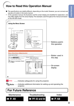Page 73
IntroductionHow to Read this Operation Manual
■The specifications are slightly different, depending on the model. However, you can connect and
operate all models in the same manner.
• •• •
•In this operation manual, the illustration and the screen display are simplified for explanation, and
may differ slightly from the actual display. The examples used throughout this manual are based
on the XR-32X model.
For Future Reference
Buttons used in
this operation
On-screen
display
Button used in
this step...
