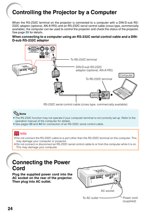 Page 2824
Controlling the Projector by a Computer
When the RS-232C terminal on the projector is connected to a computer with a DIN-D-sub RS-
232C adaptor (optional, AN-A1RS) and an RS-232C serial control cable (cross type, commercially
available), the computer can be used to control the projector and check the status of the projector.
See page  55 for details.
When connecting to a computer using an RS-232C serial control cable and a DIN-
D-sub RS-232C adaptor
To RS-232C terminal
DIN-D-sub RS-232C
adaptor...