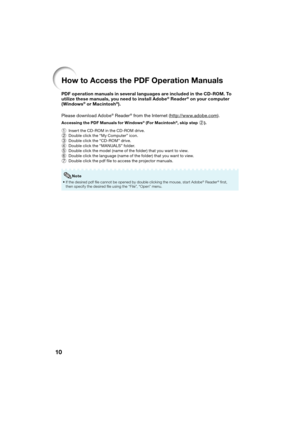 Page 1410
How to Access the PDF Operation Manuals
PDF operation manuals in several languages are included in the CD-ROM. To 
utilize these manuals, you need to install Adobe® Reader® on your computer 
(Windows® or Macintosh®).
Please download Adobe
® Reader® from the Internet (http://www.adobe.com).
Accessing the PDF Manuals for Windows® (For Macintosh®, skip step  2).
1  Insert the CD-ROM in the CD-ROM drive.
2  Double click the “My Computer” icon.
3  Double click the “CD-ROM” drive.
4  Double click the...