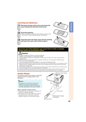 Page 1915
IntroductionInserting the Batteries
1  Pull down the tab on the cover and remove the cover towards the direction of the arrow.
2 Insert the batteries.Insert the batteries making sure the polarities correctly match 
the  m and n marks inside the battery compartment.
3  Insert the lower tab of the cover into the opening, 
and lower the cover until it clicks in place.
Incorrect use of the batteries may cause them to leak or explode. 
Please follow the precautions below
Caution
Danger of explosion if...