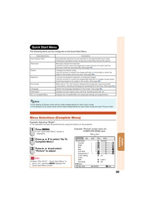 Page 4339
Useful        
Features
Quick Start Menu
The following items can be conﬁ  gured on the Quick Start Menu.
Selectable items Description
Input Search Start Automatically searches for and switches to the appropriate Input mode.
Pressing an operation button during input searching cancels the search.
Resolution Manually change the resolution.
Use this function when the image and screen size do not match with the 
resolution selected automatically. (See page  44
.)
R

esize Changes the Resize mode.
Use this...