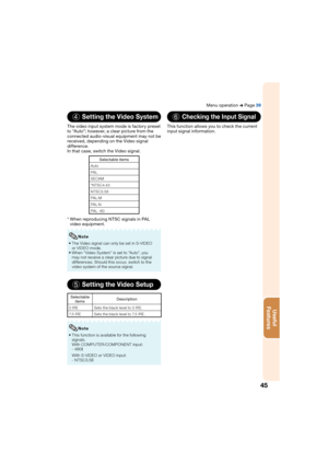 Page 4945
Useful        
Features
4  Setting the Video System
The video input system mode is factory preset 
to “Auto”; however, a clear picture from the 
connected audio-visual equipment may not be 
received, depending on the Video signal 
difference.
In that case, switch the Video signal.
Selectable items
Auto
PA L
SECAM
*NTSC4.43
NTSC3.58
PA L- M
PA L- N
PA L - 6 0
*  When reproducing NTSC signals in PAL  video equipment.
The Video signal can only be set in S-VIDEO 
or VIDEO mode.
When “Video System” is set...