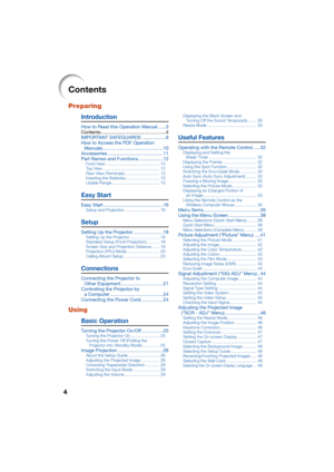 Page 84
Contents
Preparing
Introduction
How to Read this Operation Manual ......3
Contents .................................................4
IMPORTANT SAFEGUARDS ..................6
How to Access the PDF Operation Manuals ..............................................

10
Accessories ..........................................11
Part Names and Functions ...................12
Front View .............................................. 12
Top View ................................................ 12
Rear View...