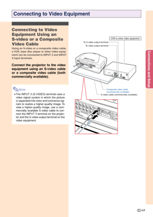 Page 19Connections and Setup
-17
Connecting to Video Equipment
S-video cable (commercially available)
Connecting to Video
Equipment Using an
S-video or a Composite
Video Cable
Using an S-video or a composite video cable,
a VCR, laser disc player or other video equip-
ment can be connected to INPUT 3 and INPUT
4 input terminals.
Connect the projector to the video
equipment using an S-video cable
or a composite video cable (both
commercially available).
Note
•The INPUT 3 (S-VIDEO) terminal uses a
video signal...