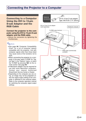 Page 23Connections and Setup
-21
Connecting the Projector to a Computer
Optional
accessoryDVI to 15-pin D-sub adaptor
Type: AN-A1DV (7.9 (20cm))Connecting to a Computer
Using the DVI to 15-pin
D-sub Adaptor and the
RGB Cable
Connect the projector to the com-
puter using the DVI to 15-pin D-sub
adaptor and the RGB cable.
•Secure the connectors by tightening the
thumbscrews.
Note
•See page 84 “Computer Compatibility
Chart” for a list of computer signals
compatible with the projector. Use with
computer signals...